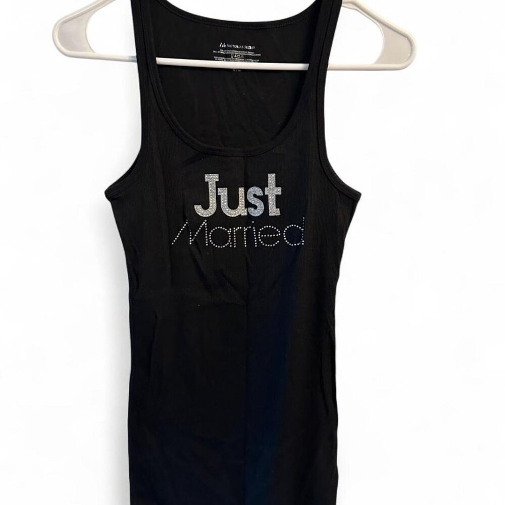 Vintage Victoria's Secret black "Just Married" rhinestone tank top